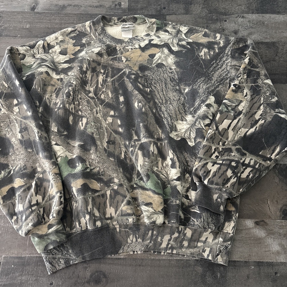 Vintage Jerzees Outdoors Mens XL Crewneck Sweatshirt camo leaves trees all over